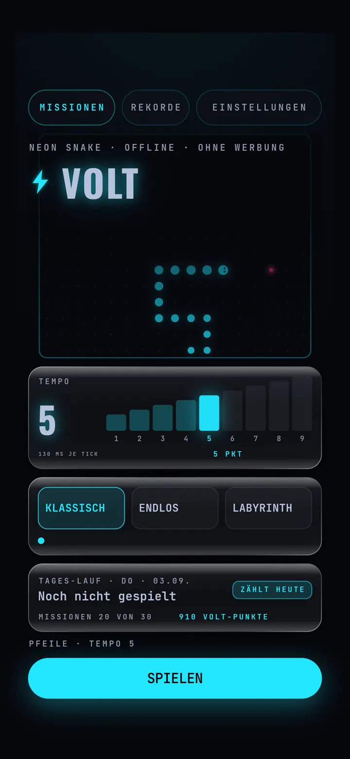 VOLT SNAKE NEO: Titelbildschirm mit Spielnamen und Menü.